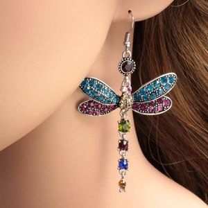 Multicolor Rainbow‎ Dragonfly Colorful Dangle Earrings Silver Tone, Radiant